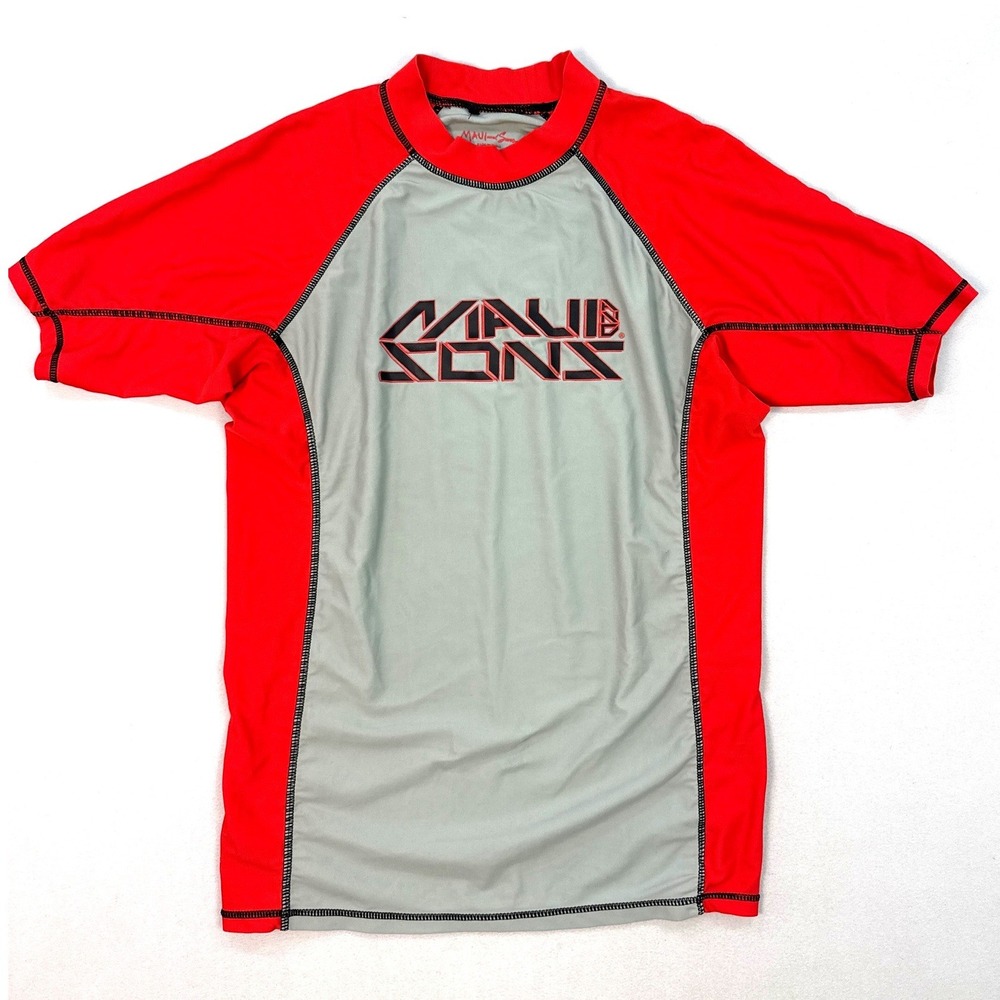Maui and Sons Mens Rash Guard Red Grey Short Sleeve UPF 50+ Swim Shirt Size M
